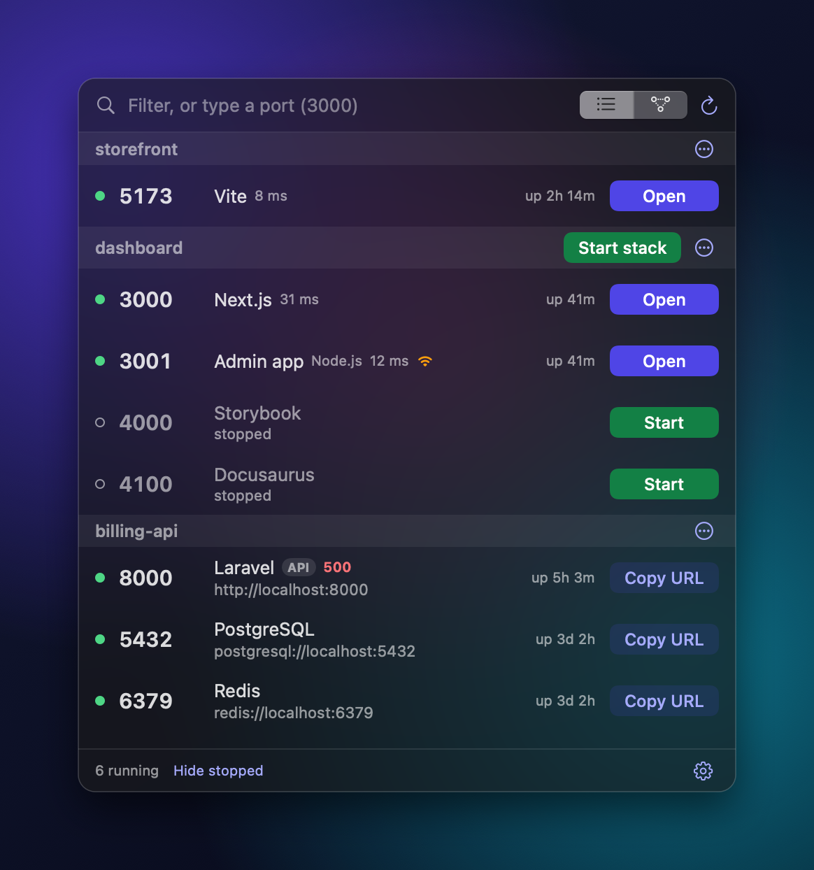 Switchboard in dark mode listing localhost ports grouped by project