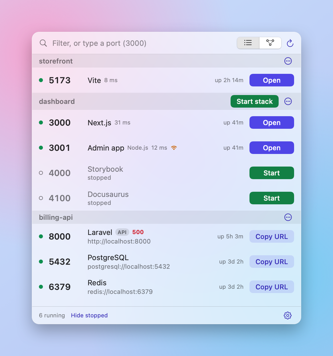 Switchboard listing localhost ports grouped by project